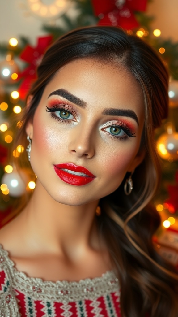 Festive Christmas makeup look with red lips and shimmering eyes, set against a holiday backdrop.